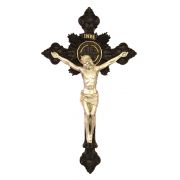 St. Benedict Crucifix, Pewter Style Corpus, Black Cross, 7.75"