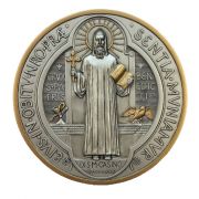 St. Benedict Medal, Pewter Style Finish, Gold Trim, 7" dia.