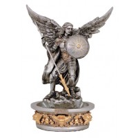 Raphael font, pewter style with gold trim, STANDS/HANGS, 7"