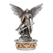 St. Michael font, pewter style with gold trim, STANDS/HANGS, 7"