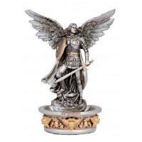 St. Michael font, pewter style with gold trim, STANDS/HANGS, 7" St. Michael font, pewter style with gold trim, STANDS/HANGS, 7"