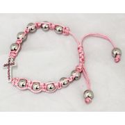 Pink Beaded Bracelet, Silver Beads, Pink Crystal Cross