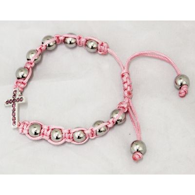 Pink Beaded Bracelet, Silver Beads, Pink Crystal Cross -  - GV64579