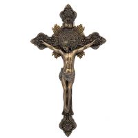 Saint Benedict Crucifix, Cold-Cast Bronze, Painted, 8x14in. Statue