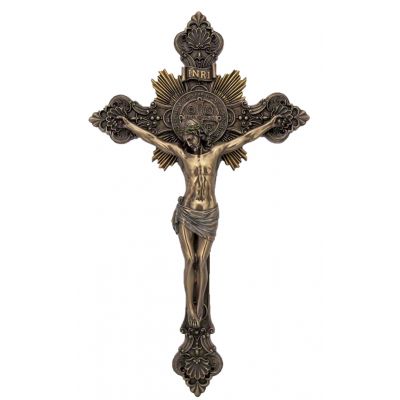 Saint Benedict Crucifix, Cold-Cast Bronze, Painted, 8x14in. Statue -  - SR-76590