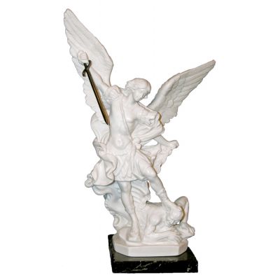 Saint Michael Statue In White Alabaster w/Marble Base, 9.5 Inch -  - 417