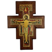 San Damian On Walnut Stained 1 Inch Thick Cross, 7 Inch