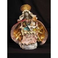 Seated Madonna & Child, Painted Ceramic Statue, 15.5x18 Inch