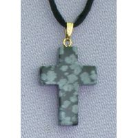 Snow Flake Obsidian Natural Stone Cross Necklace, 26 Inch Cord