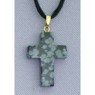 Snow Flake Obsidian Natural Stone Cross Necklace, 26 Inch Cord -  - NSC-10