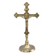 Standing Crucifix In Shiny Brass, Round Base, 11.5 Inch