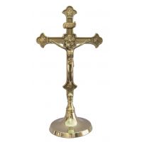 Standing Crucifix In Shiny Brass, Round Base, 11.5 Inch