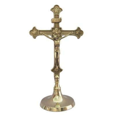 Standing Crucifix In Shiny Brass, Round Base, 11.5 Inch -  - 307-L