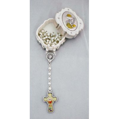 White Communion Box With White Rosary, Glass Cross, 10 Inch -  - GS-202
