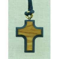 Wood Cross Necklace w/Dark Blue Border, 26 Inch