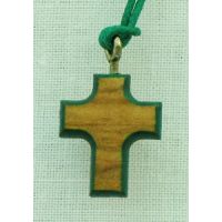 Wood Cross Necklace w/Green Border, 26 Inch