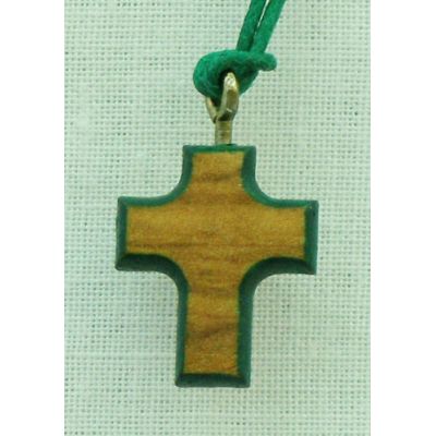 Wood Cross Necklace w/Green Border, 26 Inch -  - PG155GRN