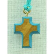 Wood Cross Necklace w/Light Blue Border, 26 Inch