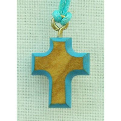 Wood Cross Necklace w/Light Blue Border, 26 Inch -  - PG155LTBL