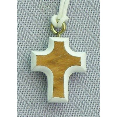 Wood Cross Necklace w/White Border, 26 Inch String -  - PG155WHT
