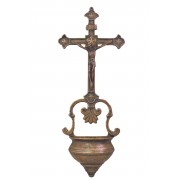 Crucifixion holy water font in antique brass Crucifixion holy water font in antique brass