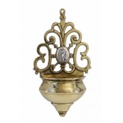 Holy water font in shiny brass with pewter style Our Lady of Guadalupe medal Holy water font in shiny brass with pewter style Our Lady of Guadalupe medal