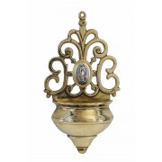 Holy water font in shiny brass with gold trim pewter style Our Lady of Guadalupe medal Holy water font in shiny brass with gold trim pewter style Our Lady of Guadalupe medal