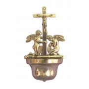 Crucifixion holy water font with angels in shiny brass Crucifixion holy water font with angels in shiny brass