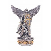 St. Michael holy water font in pewter style finish with gold highlights
