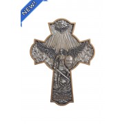 St. Michael Crucifixion Plaque in hand-painted pewter style finish with gold trim