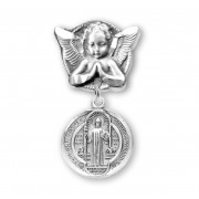 Angel With Wings Pin W/ Small Round St. Benedict Medal - Boxed