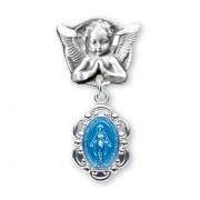Angel With Wings Pin W/ Blue Enameled Fancy Miraculous Medal - Boxed
