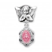 Angel With Wings Pin W/ Pink Enameled Fancy Miraculous Medal - Boxed
