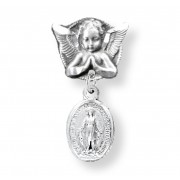 Angel With Wings Pin W/ Sterling Silver Oval Miraculous Medal - Boxed
