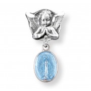 Angel With Wings Pin W/ Sterling Silver Blue Enameled Miraculous Medal - Boxed