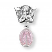 Angel With Wings Pin W/ Sterling Silver Pink Enameled Miraculous Medal - Boxed