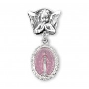 Angel With Wings Pin W/ Sterling Silver Pink Enameled Miraculous Medal - Boxed