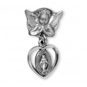 Angel With Wings Pin W/ Sterling Silver Small Pierced Miraculous Heart - Boxed
