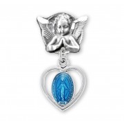 Angel With Wings Pin W/ Blue Enameled Heart Miraculous Medal - Boxed