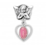 Angel With Wings Pin W/ Pink Enameled Heart Miraculous Medal - Boxed