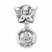 Angel With Wings Pin W/ Sterling Silver Small Round St. Michael Medal - Boxed