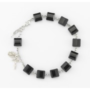 Finest Austrian Crystal Jet Square Bead Sterling Silver Rosary Bracelet 10mm