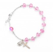 8mm Finest Pink Crystal Heart Shaped All Sterling Silver Rosary Bracelet Boxed