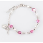 6mm Pink Finest Crystal & Freshwater Pearl Sterling Silver Rosary Bracelet - Boxed