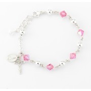 6mm Sterling Silver Rosary Bracelet w/Sterling Silver & Pink Finest Crystal Beads - Boxed
