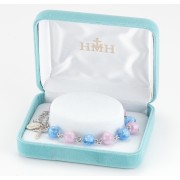 8mm Venetian Glass Blue & Pink Flower Rosary Bracelet w/ Sterling Medals - Boxed