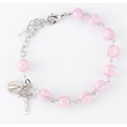 8mm Venetian Glass Pink & White Flower Bead Rhodium Plated Brass Rosary Bracelet w/Sterling Silver Crucifix and Miraculous Medal - Boxed