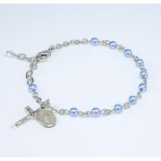 4mm Blue Finest Imitation Pearl Beads w/Sterling Silver Miraculous Medal and Crucifix - Boxed