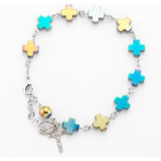 Cross Shaped Gold Hematite Rosary Bracelet with 8mm Our Father Beads, a Sterling Silver Crucifix and Miraculous Medal - Boxed