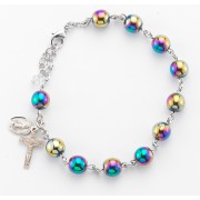 8mm Round Gold Hematite Rosary Bracelet with a Sterling Silver Crucifix and Miraculous Medal - Boxed